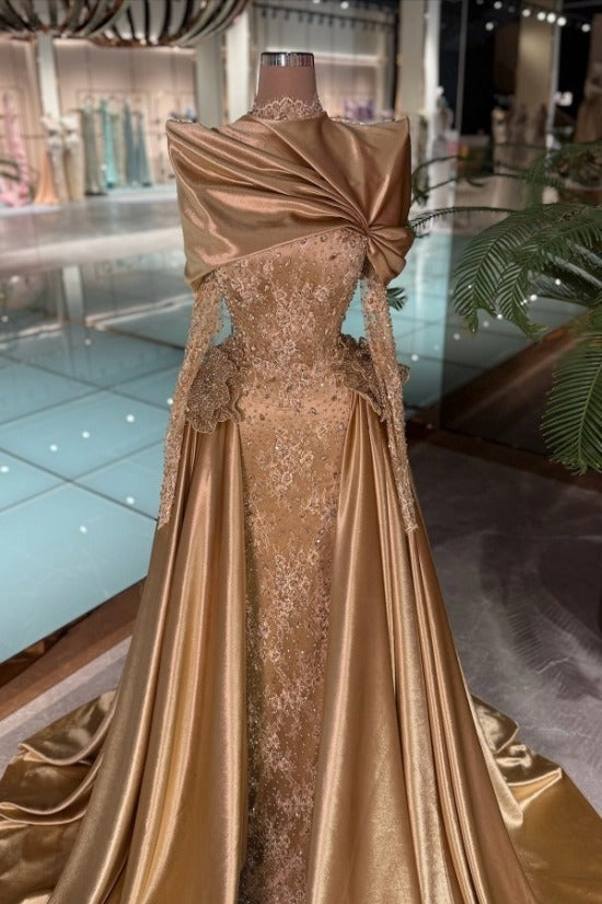 Gold High Neck Long Sleeve Lace Beaded Mermaid Satin Draped Floor Formal Evening Gown