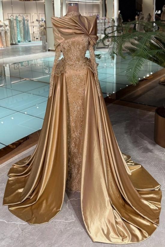 Gold High Neck Long Sleeve Lace Beaded Mermaid Satin Draped Floor Formal Evening Gown