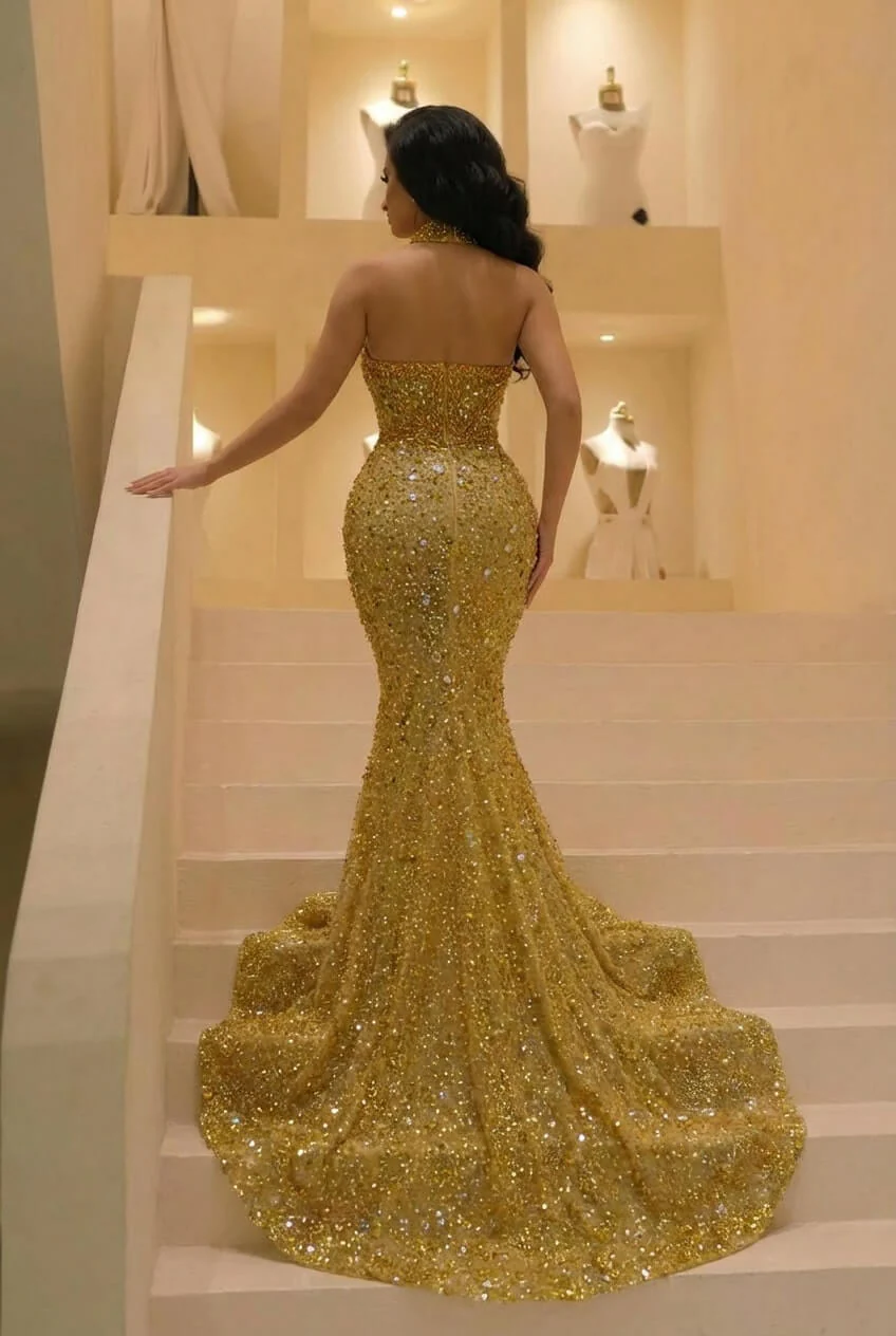 Gold High Neck Sleeveless Mermaid Sequined Lace Beaded Open Back Floor Length Evening Gown