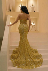 Gold High Neck Sleeveless Mermaid Sequined Lace Beaded Open Back Floor Length Evening Gown