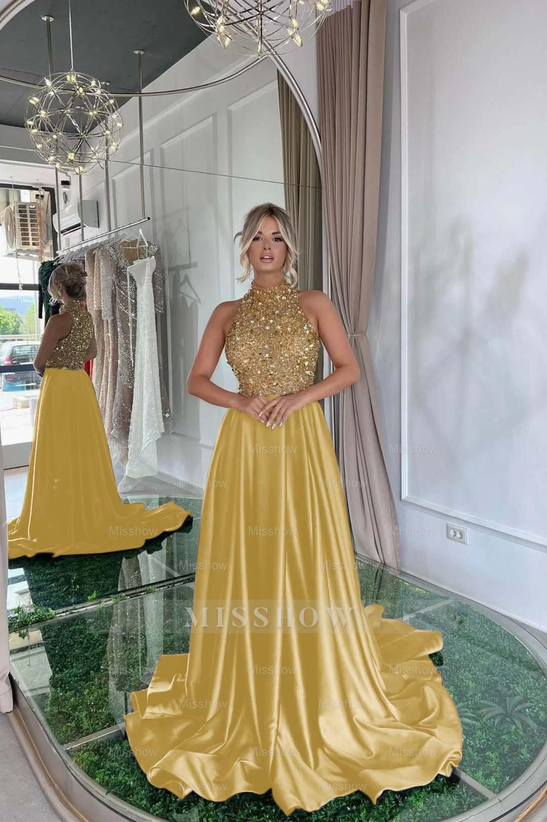 Gold High Neck Sleeveless Sequined A-Line Satin Floor Length Formal Evening Dress