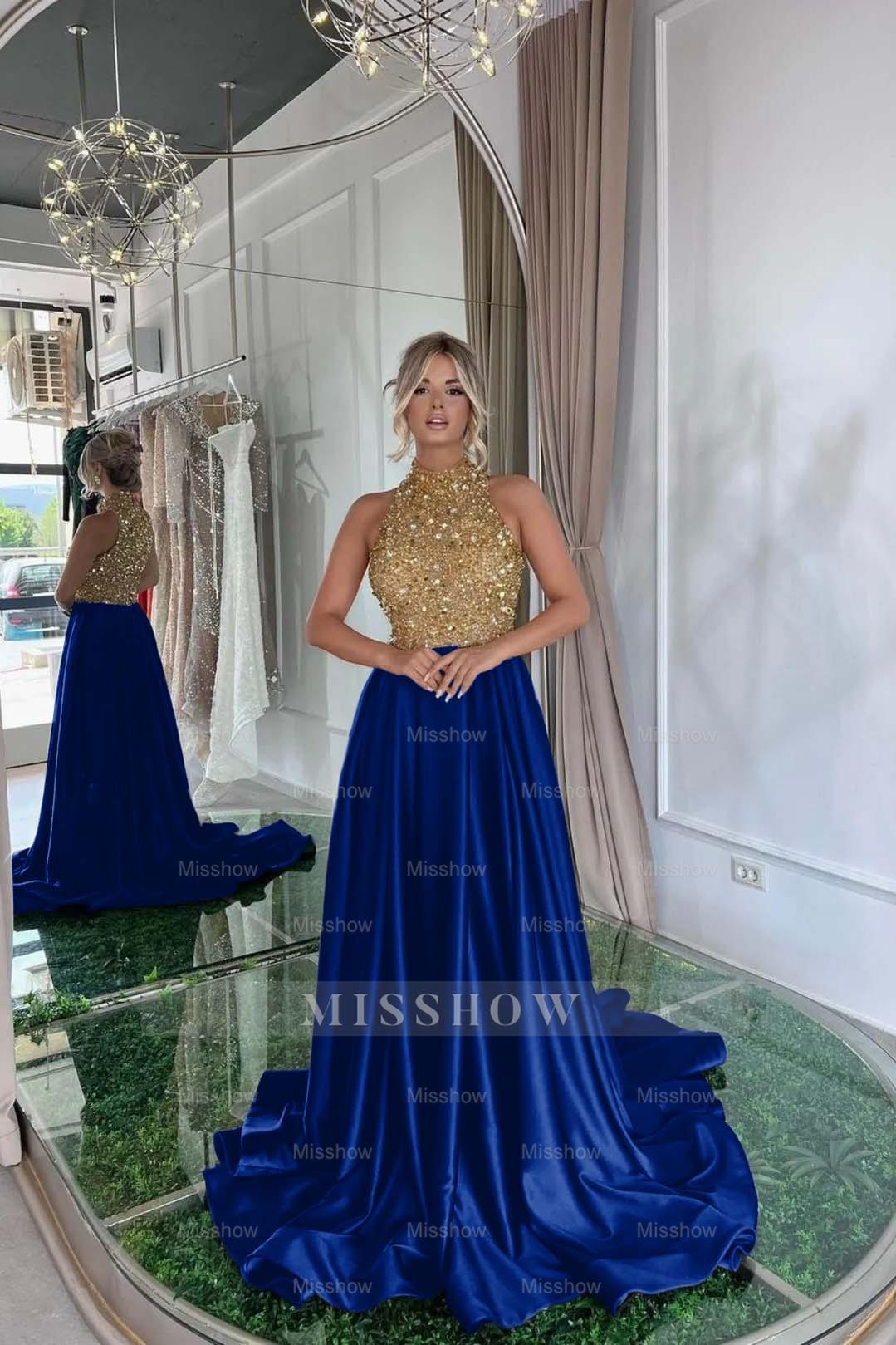 Gold High Neck Sleeveless Sequined A-Line Satin Floor Length Formal Evening Dress