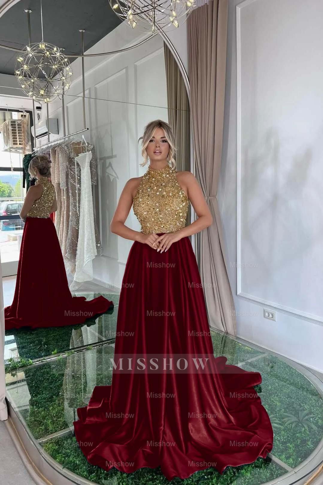 Gold High Neck Sleeveless Sequined A-Line Satin Floor Length Formal Evening Dress