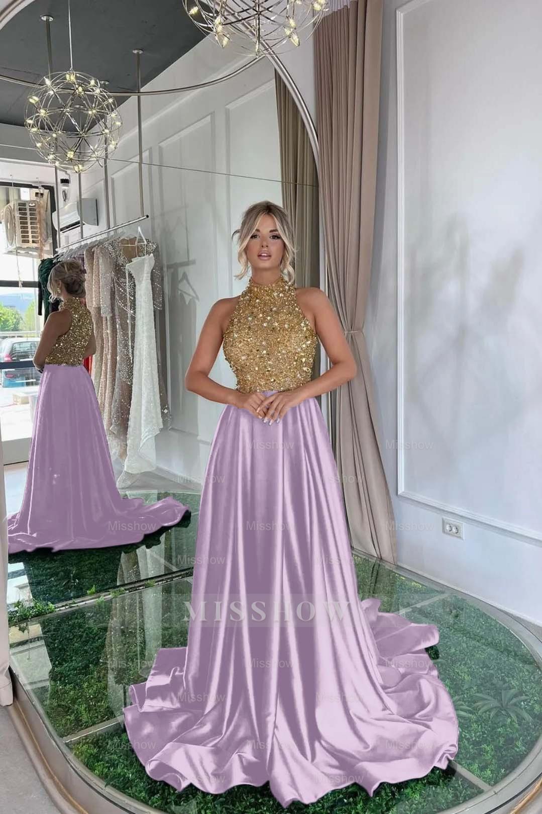 Gold High Neck Sleeveless Sequined A-Line Satin Floor Length Formal Evening Dress