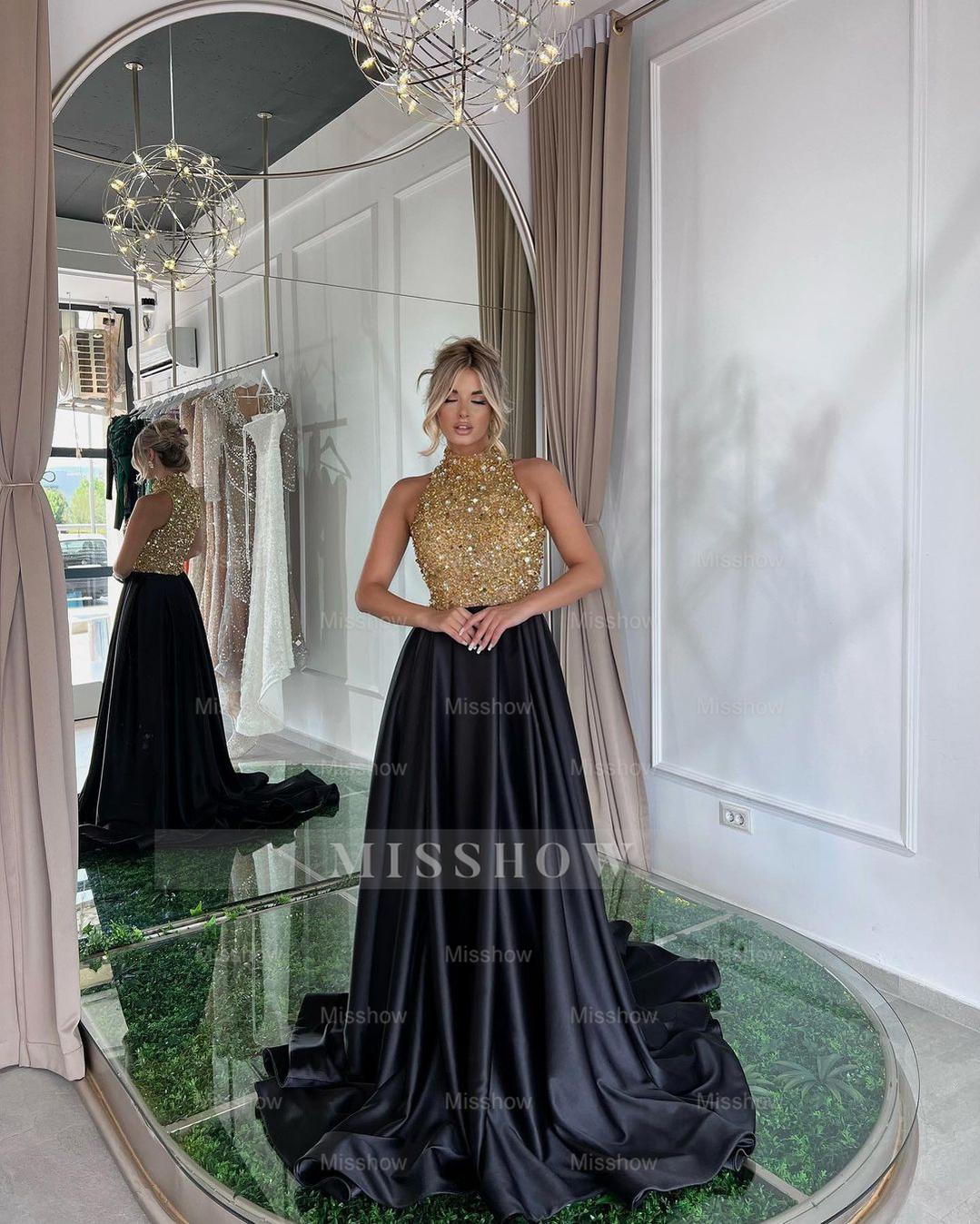 Gold High Neck Sleeveless Sequined A-Line Satin Floor Length Formal Evening Dress