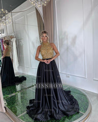 Gold High Neck Sleeveless Sequined A-Line Satin Floor Length Formal Evening Dress