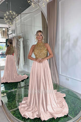 Gold High Neck Sleeveless Sequined A-Line Satin Floor Length Formal Evening Dress