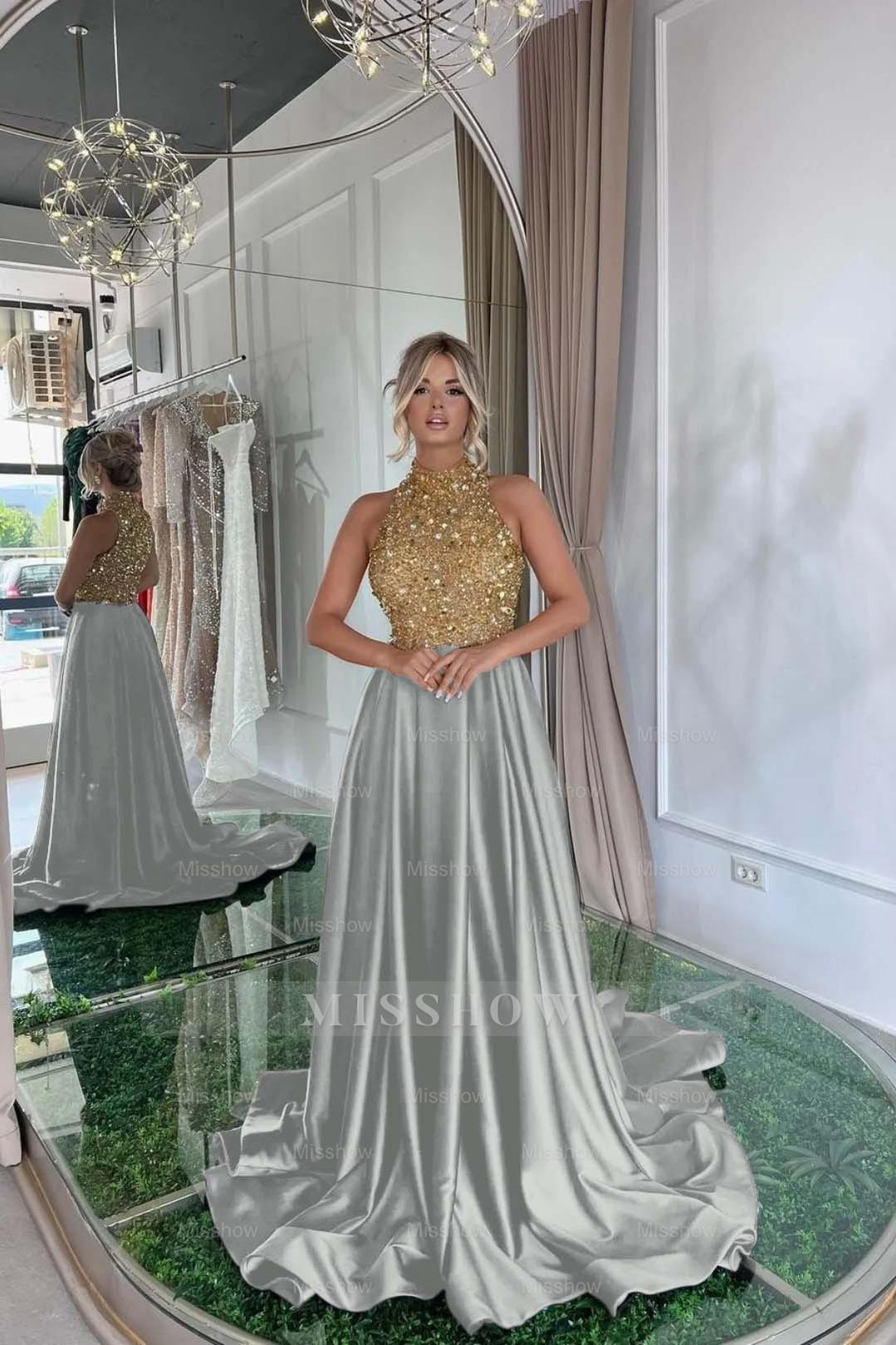 Gold High Neck Sleeveless Sequined A-Line Satin Floor Length Formal Evening Dress