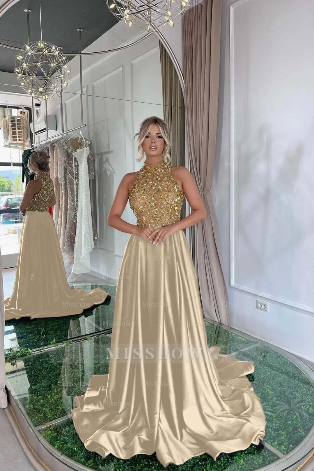 Gold High Neck Sleeveless Sequined A-Line Satin Floor Length Formal Evening Dress