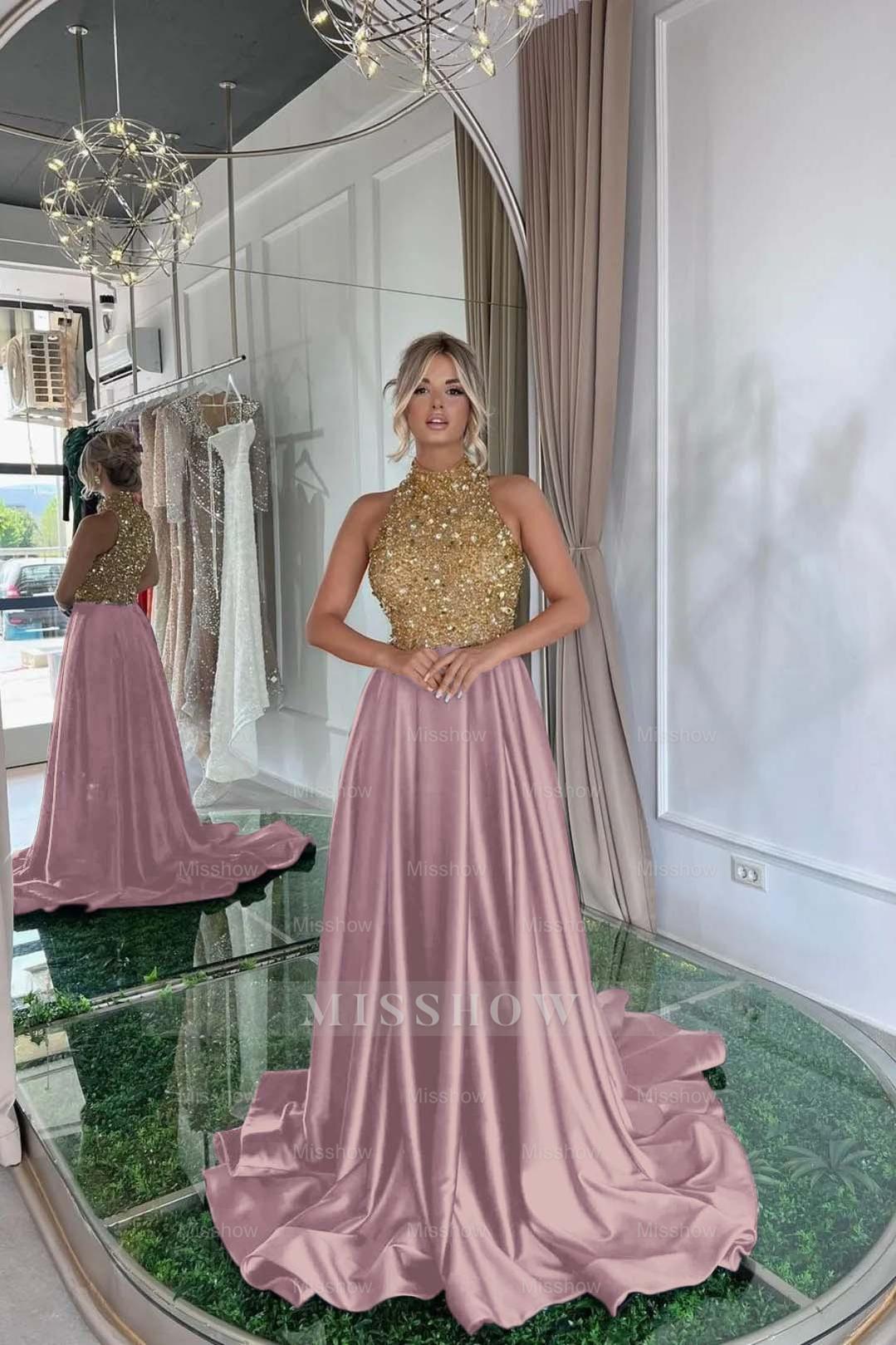 Gold High Neck Sleeveless Sequined A-Line Satin Floor Length Formal Evening Dress