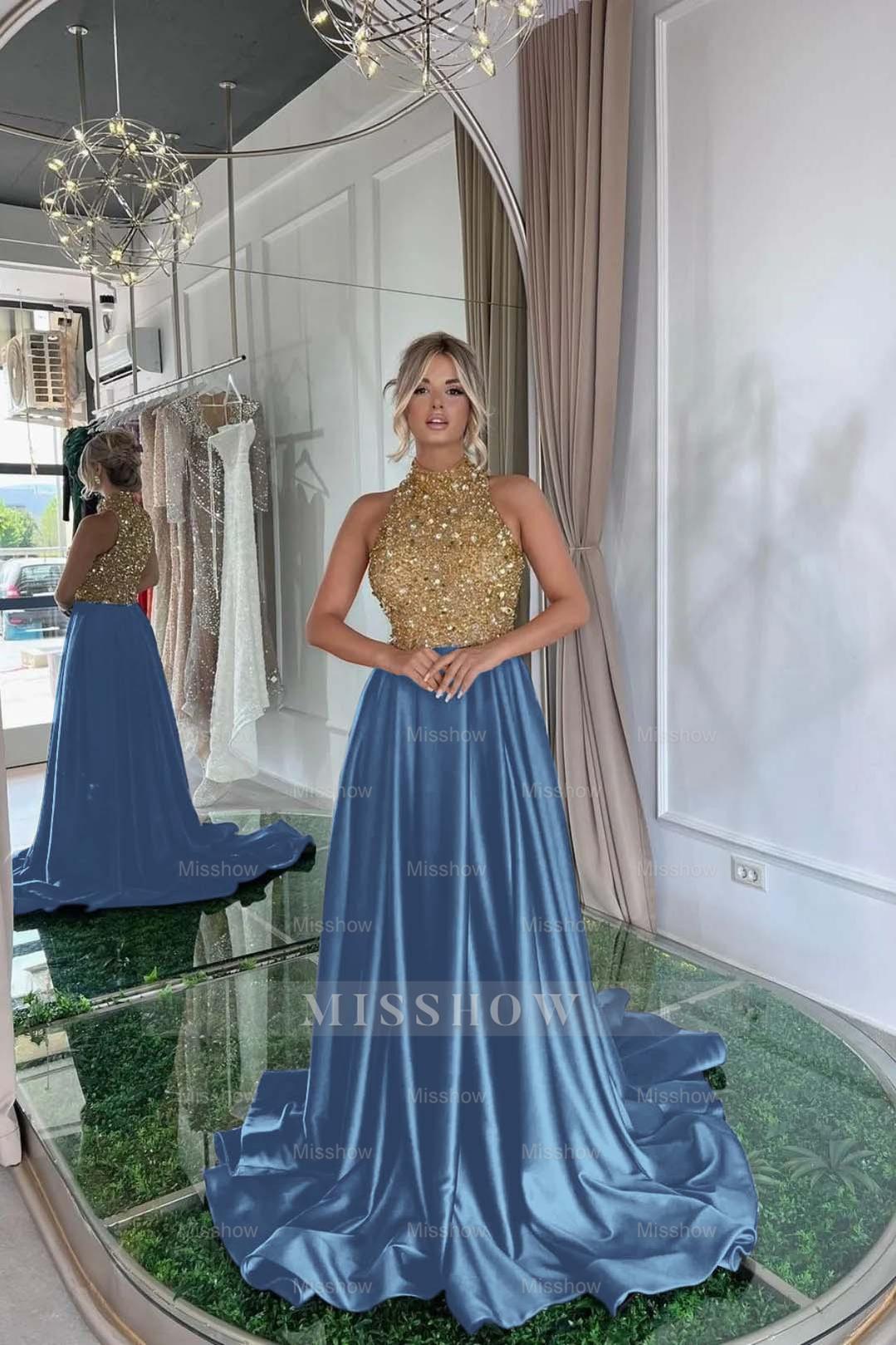 Gold High Neck Sleeveless Sequined A-Line Satin Floor Length Formal Evening Dress