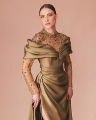 Gold Illusion High Neck Long Sleeve Satin A-line Formal Dress Beading Rhinestone Split Front Sweep Train Evening Gown