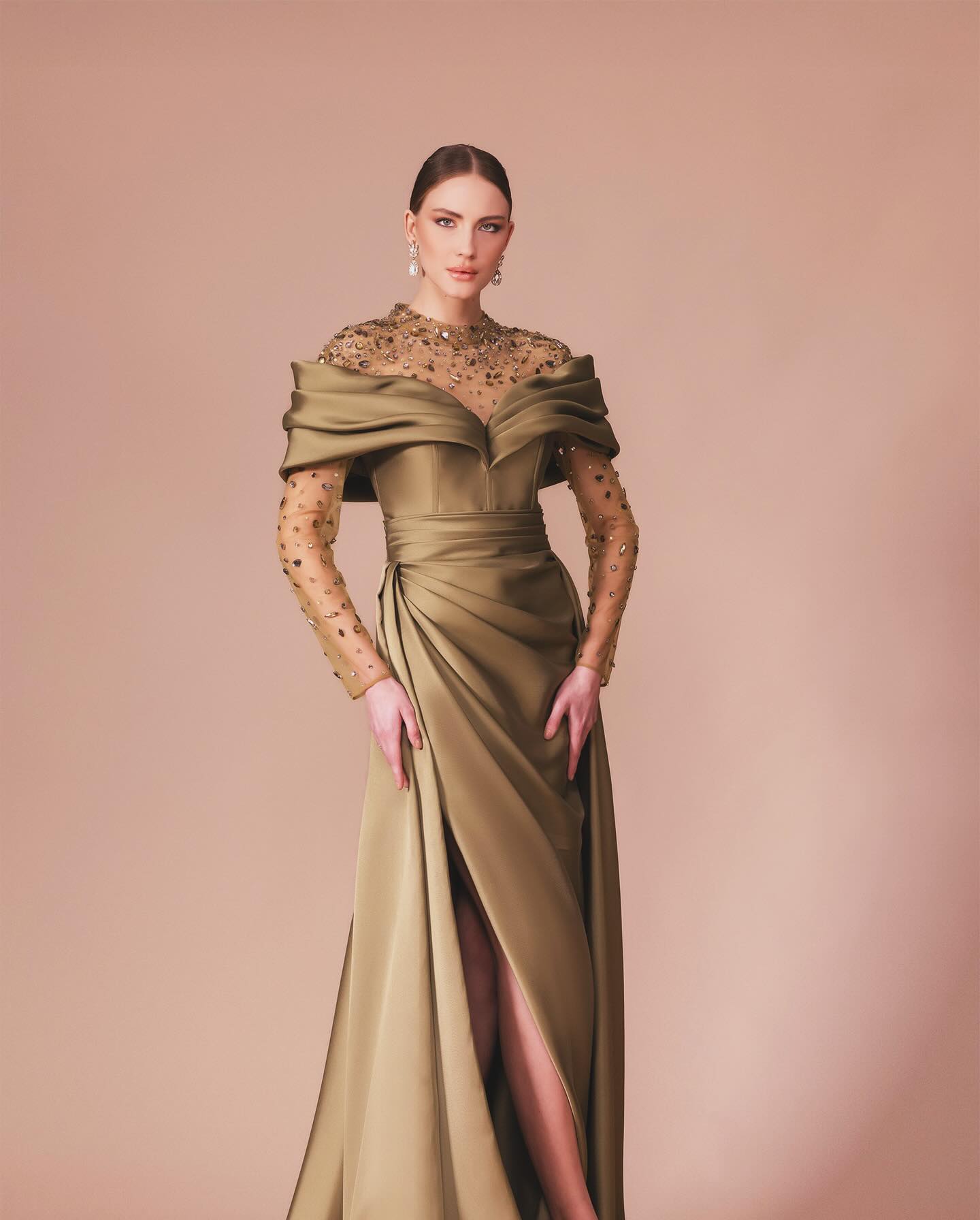 Gold Illusion High Neck Long Sleeve Satin A-line Formal Dress Beading Rhinestone Split Front Sweep Train Evening Gown