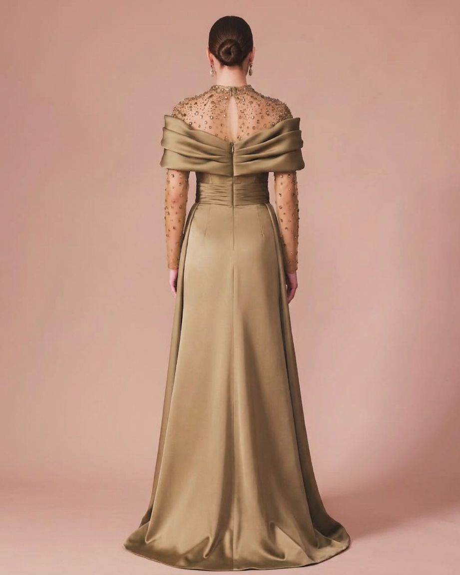 Gold Illusion High Neck Long Sleeve Satin A-line Formal Dress Beading Rhinestone Split Front Sweep Train Evening Gown