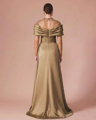Gold Illusion High Neck Long Sleeve Satin A-line Formal Dress Beading Rhinestone Split Front Sweep Train Evening Gown