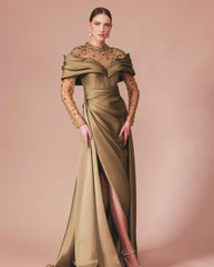 Gold Illusion High Neck Long Sleeve Satin A-line Formal Dress Beading Rhinestone Split Front Sweep Train Evening Gown