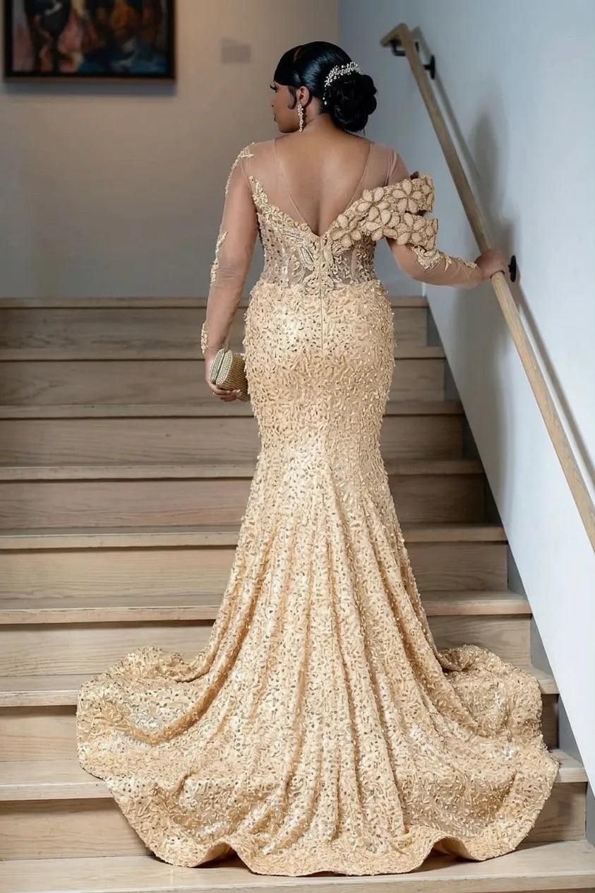 Gold scoop rhinestone mermaid prom dress