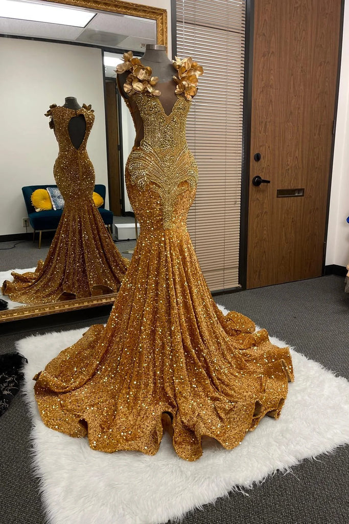 Gold Mermaid Prom Dress Deep V 3D Sculptural Gold Orchid Flower Shoulder Crystal Fan Beading Keyhole Open Back Sequin | Misshow Gold Mermaid Prom Dress Deep V 3D Sculptural Gold Orchid Flower Shoulder Crystal Fan Beading Keyhole Open Back Sequin | Misshow