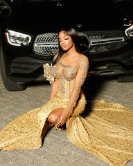 Gold Mermaid Prom Dress Illusion Off Shoulder Deep V 3D Sculptural Petal Leaf Cluster Sheer Crystal Feather Chevron Radial Beaded 3D Micro Feather Texture High Split Sweep Train Gown