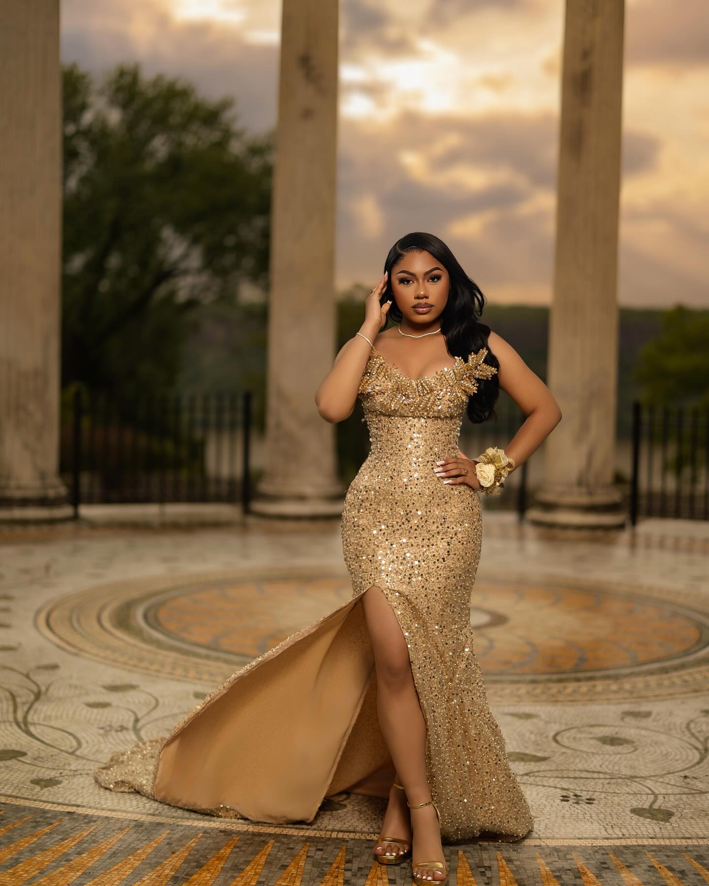 Gold Mermaid Prom Dress Off Shoulder Sweetheart 3D Gold Leaf Floral Applique Shoulder All-Over Gold Sequin Heavy Crystal Rhinestone Corset High Split Sweep Train Gown