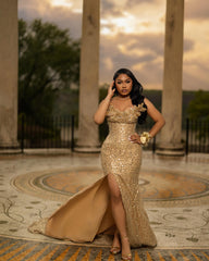 Gold Mermaid Prom Dress Off Shoulder Sweetheart 3D Gold Leaf Floral Applique Shoulder All-Over Gold Sequin Heavy Crystal Rhinestone Corset High Split Sweep Train Gown