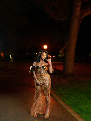 Gold Mermaid Prom Dress Off Shoulder Sweetheart Structured Metallic Gold Fold Collar All-Over Sequin Geometric Wave Rhinestone Beaded Corset High Split Sweep Train Gown