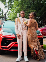 Gold Mermaid Prom Dress Strapless Deep V Sweetheart All-Over Sequin 3D Fan Radial Beading Medallion Waist Open Back Keyhole Sweep Train Gown