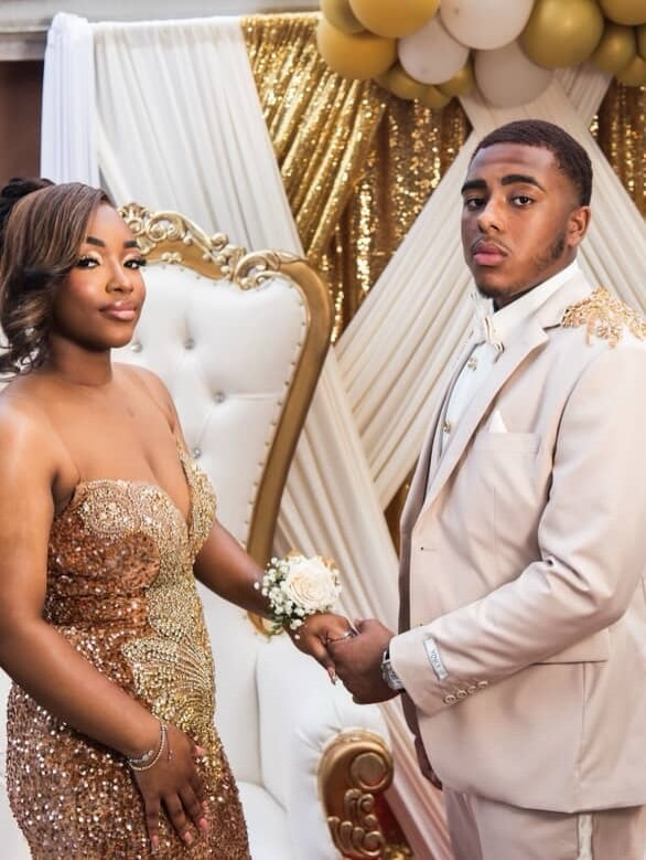 Gold Mermaid Prom Dress Strapless Deep V Sweetheart All-Over Sequin 3D Fan Radial Beading Medallion Waist Open Back Keyhole Sweep Train Gown