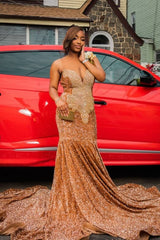 Gold Mermaid Prom Dress Strapless Deep V Sweetheart All-Over Sequin 3D Fan Radial Beading Medallion Waist Open Back Keyhole Sweep Train Gown