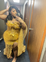 Gold Mermaid Prom Dress Strapless Sweetheart 3D Floral Leaf Beaded Chain Fringe Sheer Mesh High Slit Luxury Evening Gown with Court Train