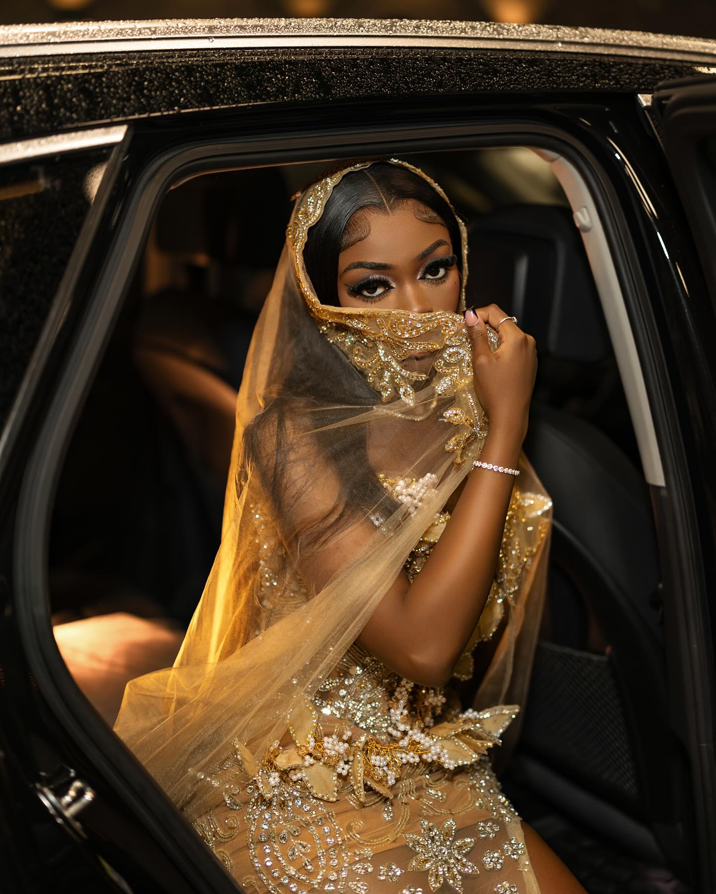 Gold Mermaid Prom Dress Strapless Sweetheart Sheer Illusion Boned Corset Gold Baroque Scroll Lace Embroidery 3D Micro Floral Applique Rhinestone Sequin High Split Sweep Train with Matching Gold Cathedral Veil