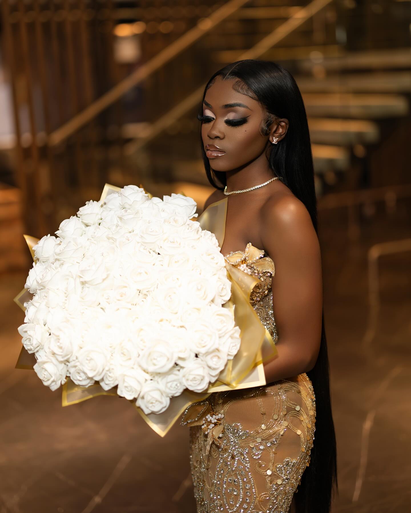 Gold Mermaid Prom Dress Strapless Sweetheart Sheer Illusion Boned Corset Gold Baroque Scroll Lace Embroidery 3D Micro Floral Applique Rhinestone Sequin High Split Sweep Train with Matching Gold Cathedral Veil