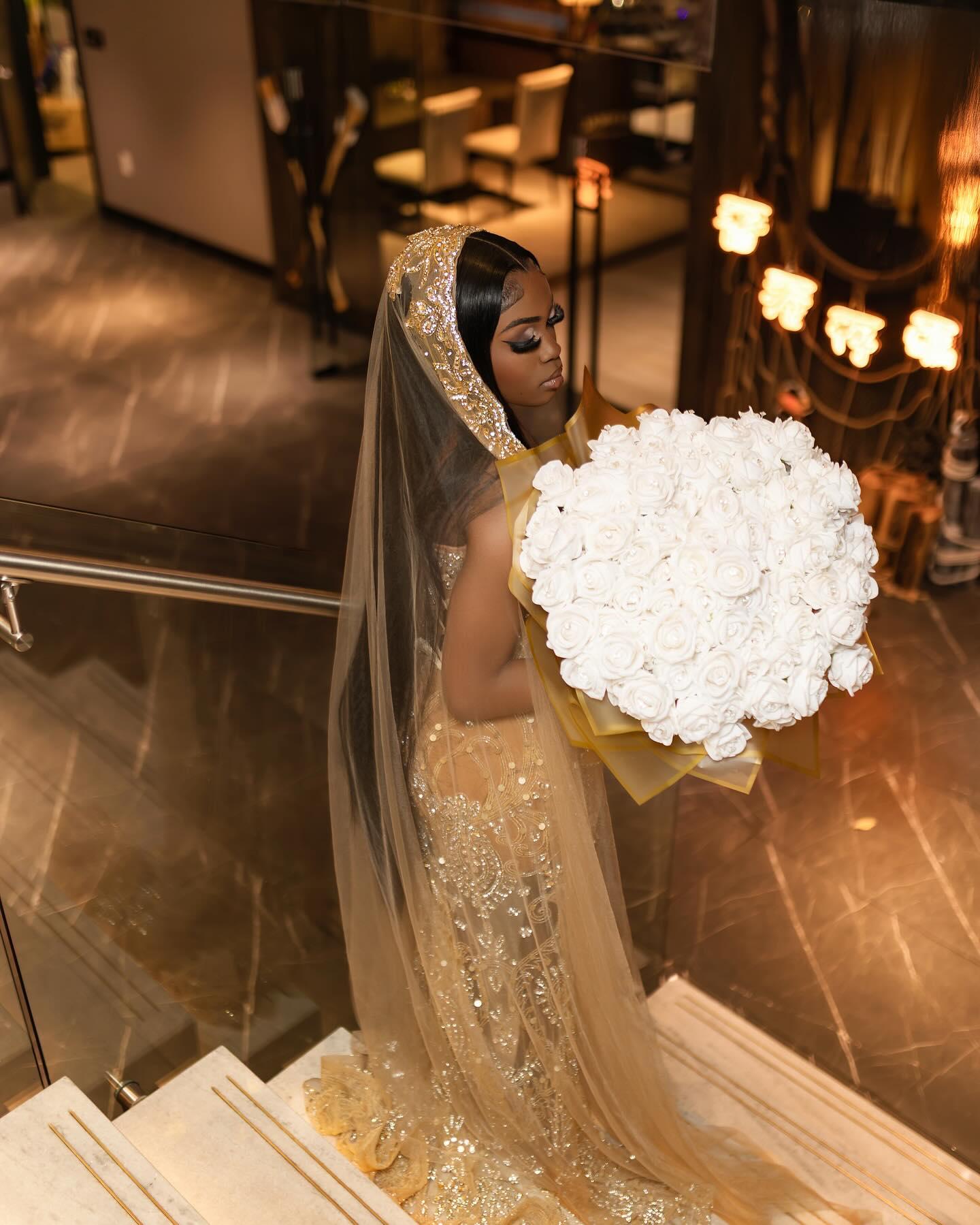 Gold Mermaid Prom Dress Strapless Sweetheart Sheer Illusion Boned Corset Gold Baroque Scroll Lace Embroidery 3D Micro Floral Applique Rhinestone Sequin High Split Sweep Train with Matching Gold Cathedral Veil