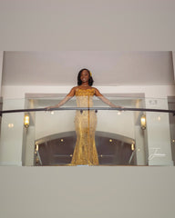 Gold Mermaid Prom Dress Strapless Sweetheart Sheer Illusion Boned Corset Oversized Gold Topaz Gemstone Rhinestone Cluster Vertical Gold Bugle Bead Fringe Chain Gold Scroll Vine Beading Gold Satin Sweep Train Gown
