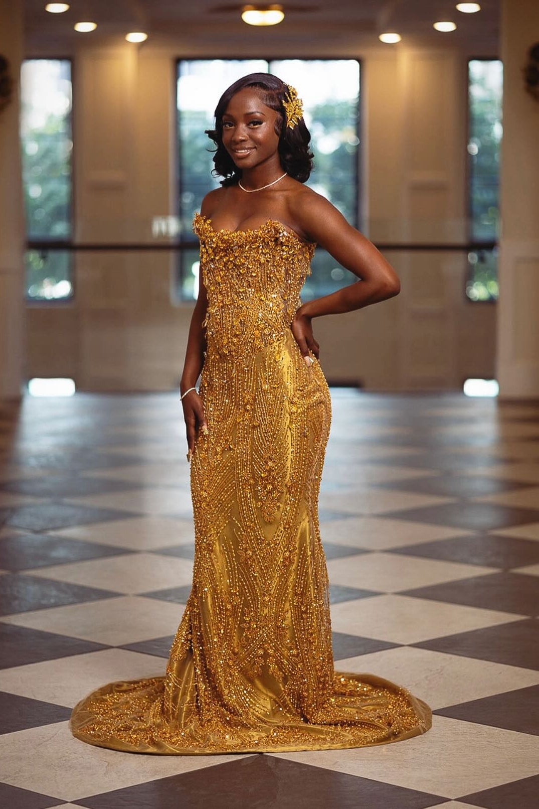 Gold Mermaid Prom Dress Strapless Sweetheart Sheer Illusion Boned Corset Oversized Gold Topaz Gemstone Rhinestone Cluster Vertical Gold Bugle Bead Fringe Chain Gold Scroll Vine Beading Gold Satin Sweep Train Gown