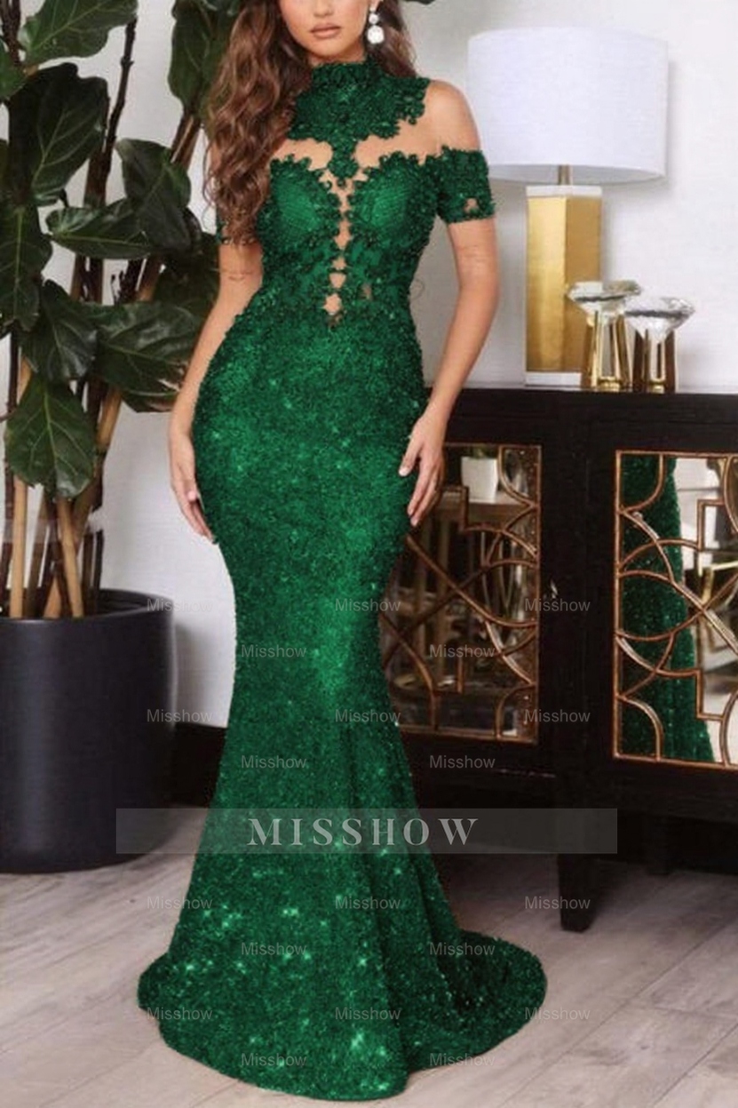 Gold Off The Shoulder Sparkle Mermaid Floor Length Prom Dress