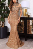 Gold Off The Shoulder Sparkle Mermaid Floor Length Prom Dress