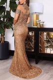 Gold Off The Shoulder Sparkle Mermaid Floor Length Prom Dress
