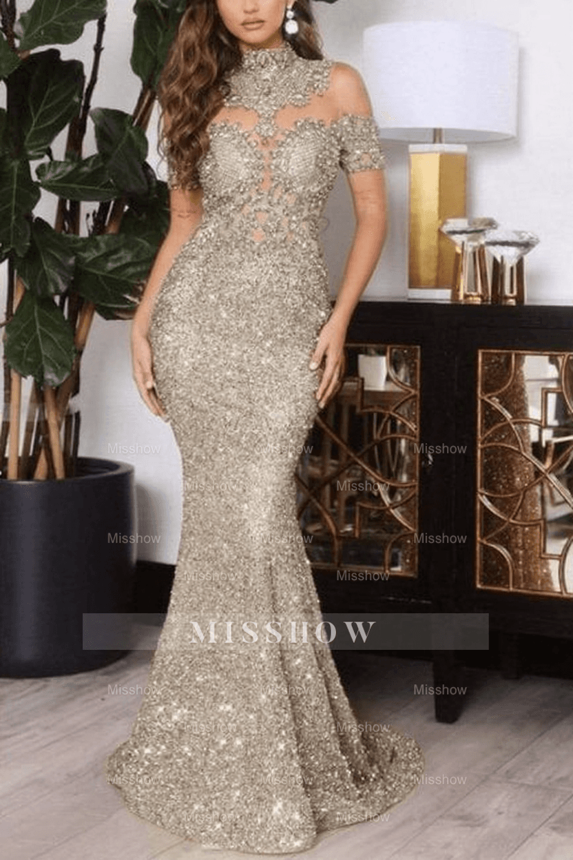 Gold Off The Shoulder Sparkle Mermaid Floor Length Prom Dress