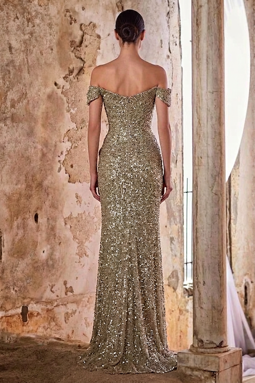 Gold Off-the-shoulder Sleeveless Mermaid Sequined Ruffled High Slit Formal Evening Gown