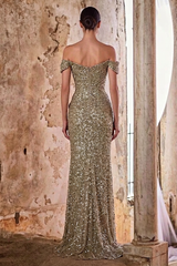 Gold Off-the-shoulder Sleeveless Mermaid Sequined Ruffled High Slit Formal Evening Gown