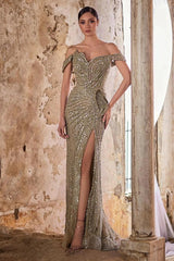 Gold Off-the-shoulder Sleeveless Mermaid Sequined Ruffled High Slit Formal Evening Gown