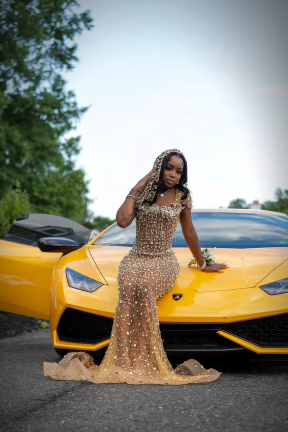 Gold Rhinestone Fringe Strapless Long Mermaid Prom Dress With Full Rhinestone Veil