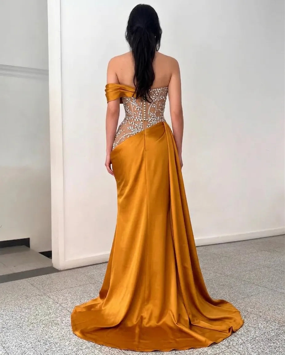 Gold Satin Mermaid Formal Dress Strapless Sheer Rhinestone Bodice High Slit Sweep Train