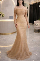Gold Off-the-shoulder Long Sleeve Sequined Mermaid Beaded Ruched Floor Formal Evening Gown