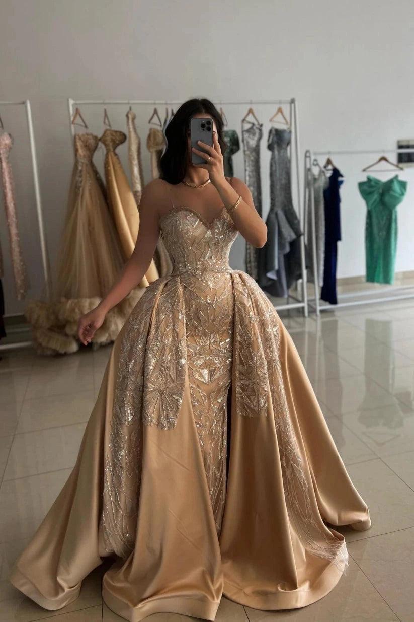 Gold Sequin Mermaid Evening Dress Sweetheart Spaghetti Straps Detachable Overskirt Formal Gown