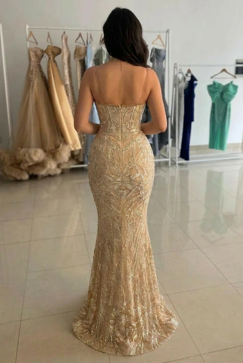 Gold Sequin Mermaid Evening Dress Sweetheart Spaghetti Straps Detachable Overskirt Formal Gown