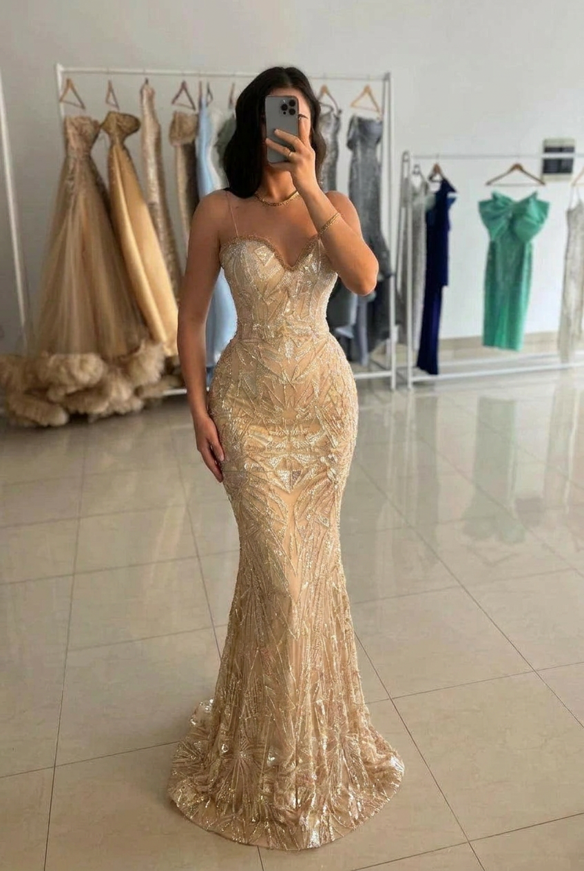 Gold Sequin Mermaid Evening Dress Sweetheart Spaghetti Straps Detachable Overskirt Formal Gown
