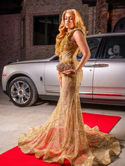 Gold Sequin Mermaid Prom Dress Deep V Neck 3D Floral Leaf Beaded Crystal Chain Fringe Luxury Evening Gown with Sweep Train