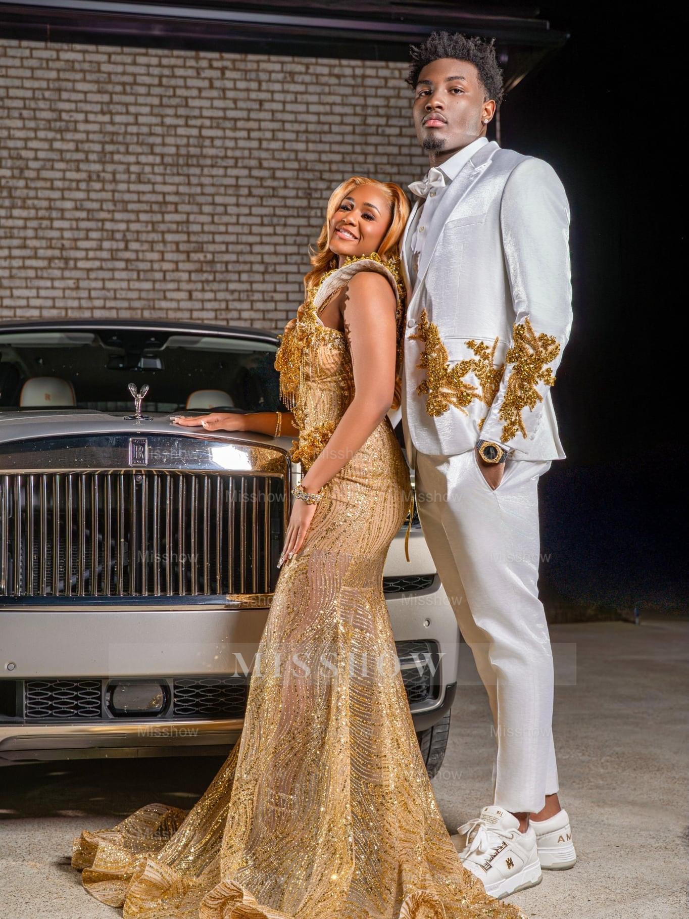 Gold v-neck rhinestone mermaid prom dress